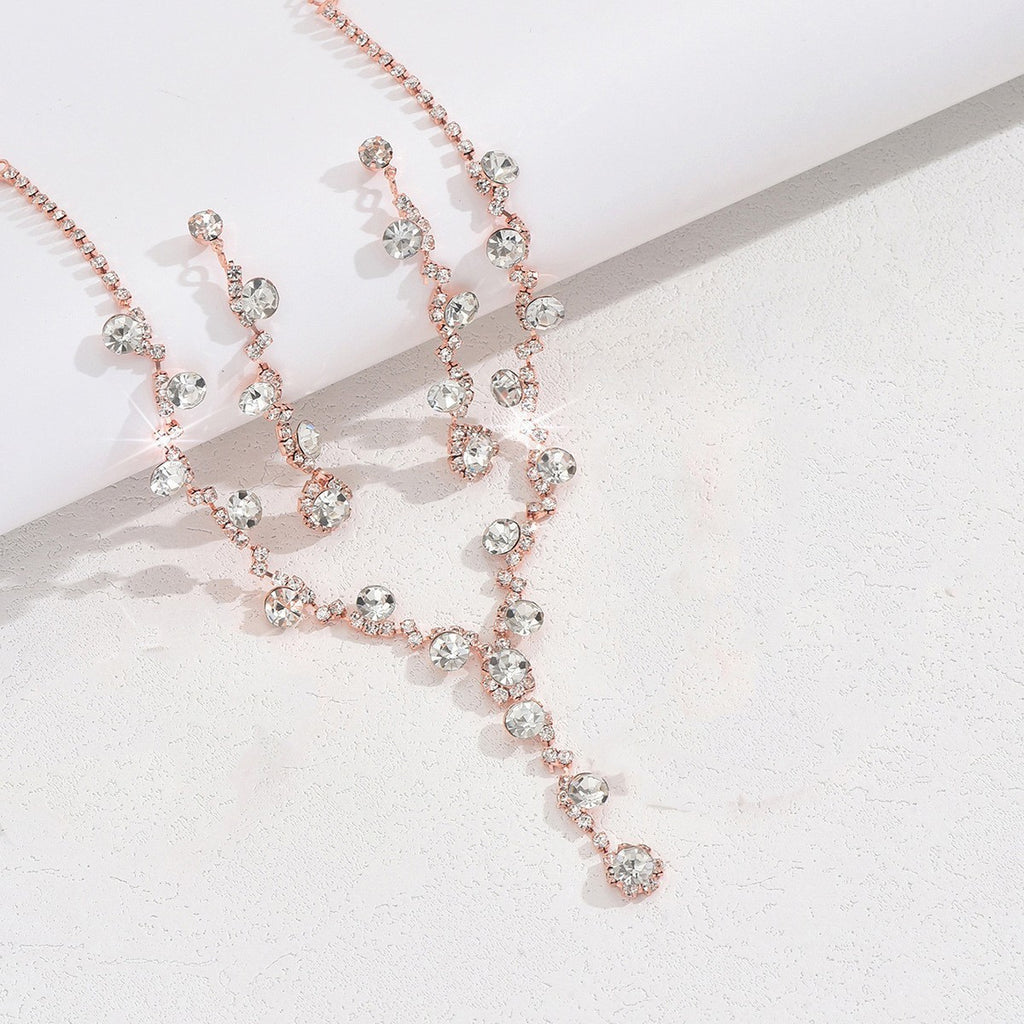 Rhinestone Cluster Y Drop Necklace And Earring Set - Rose Gold 2-Piece