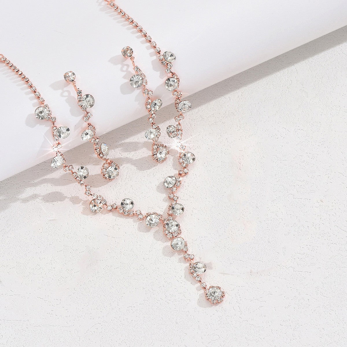 Rhinestone Cluster Y Drop Necklace And Earring Set - Rose Gold 2-Piece
