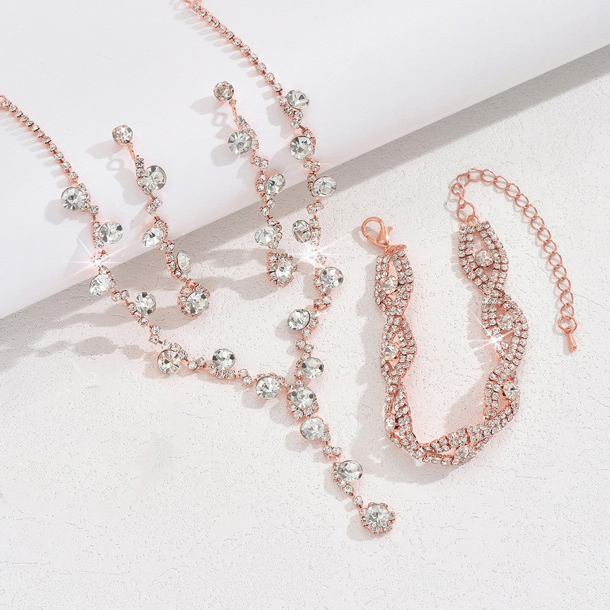 Rhinestone Cluster Y Drop Necklace And Earring Set - Rose Gold 3-Piece
