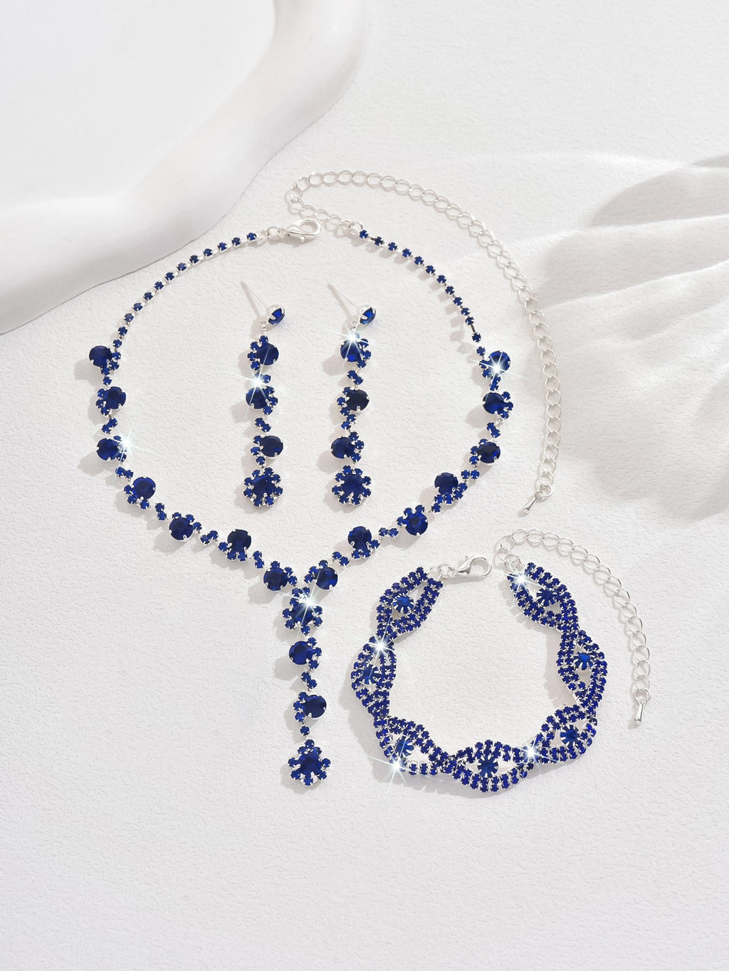 Rhinestone Cluster Y Drop Necklace And Earring Set - Royal Blue 3-Piece