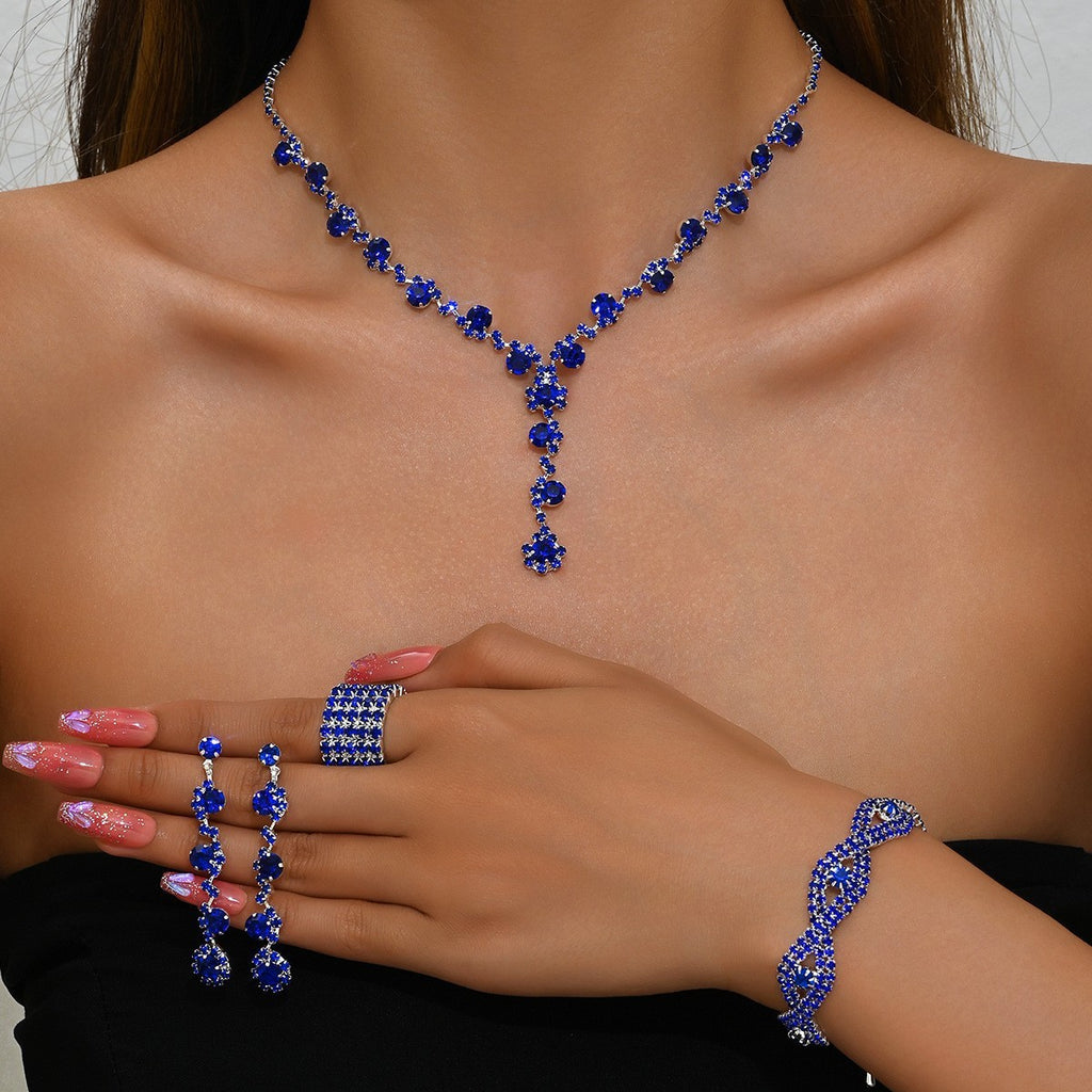 Rhinestone Cluster Y Drop Necklace And Earring Set - Royal Blue 4-Piece
