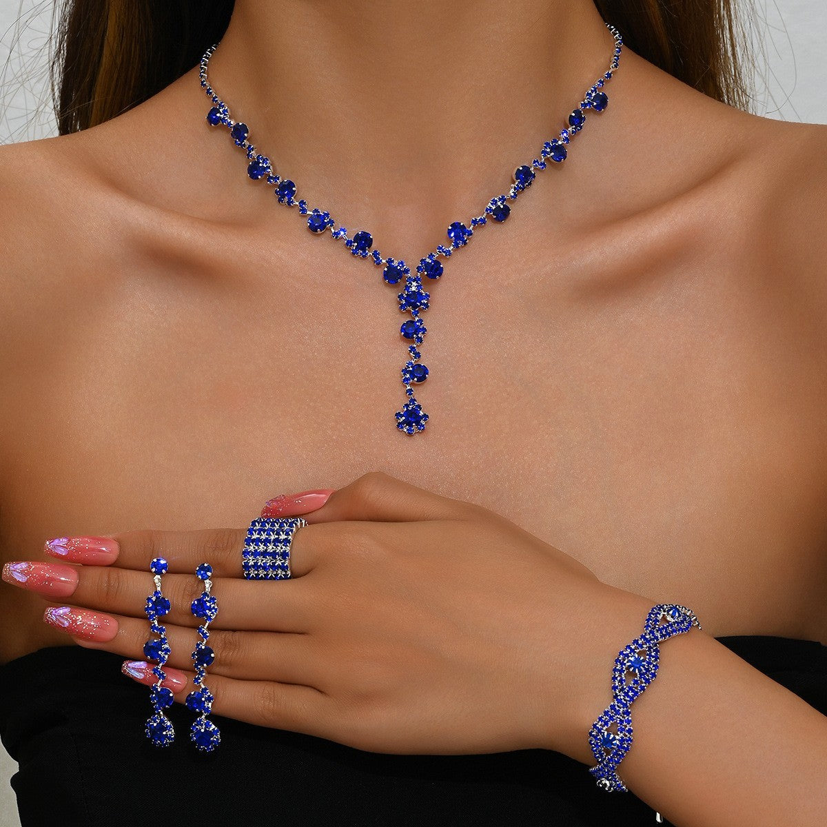 Rhinestone Cluster Y Drop Necklace And Earring Set - Royal Blue 4-Piece