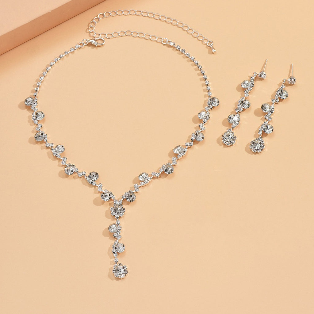 Rhinestone Cluster Y Drop Necklace And Earring Set - Silver 2-Piece