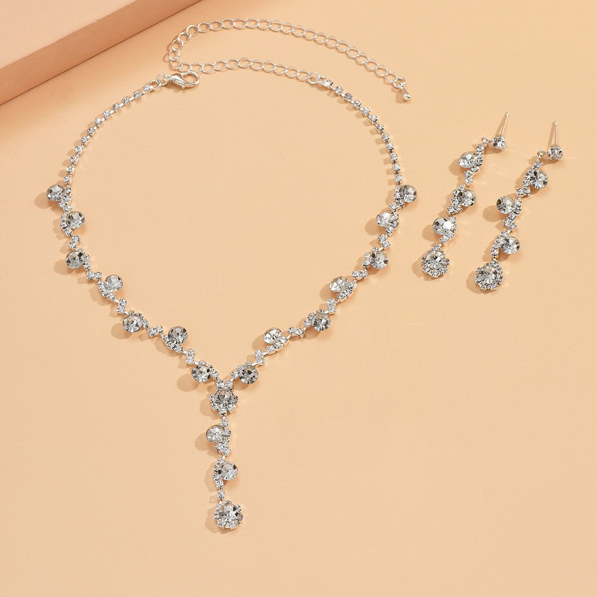 Rhinestone Cluster Y Drop Necklace And Earring Set - Silver 2-Piece
