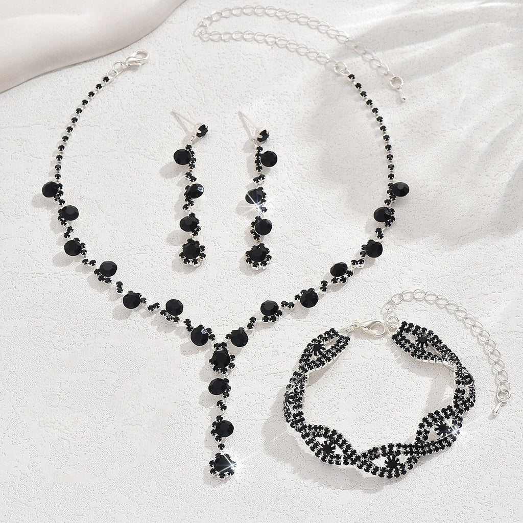Rhinestone Cluster Y Drop Necklace And Earring Set - Silver Black 3-Piece
