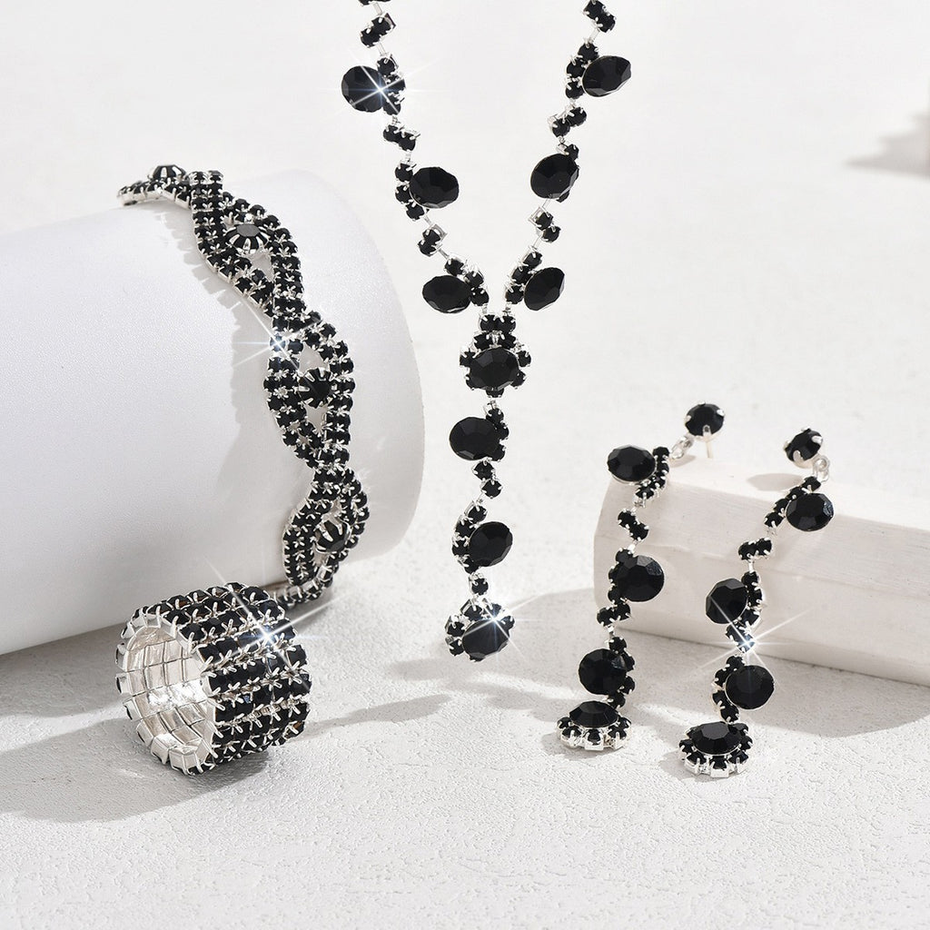 Rhinestone Cluster Y Drop Necklace And Earring Set - Silver Black 4-Piece