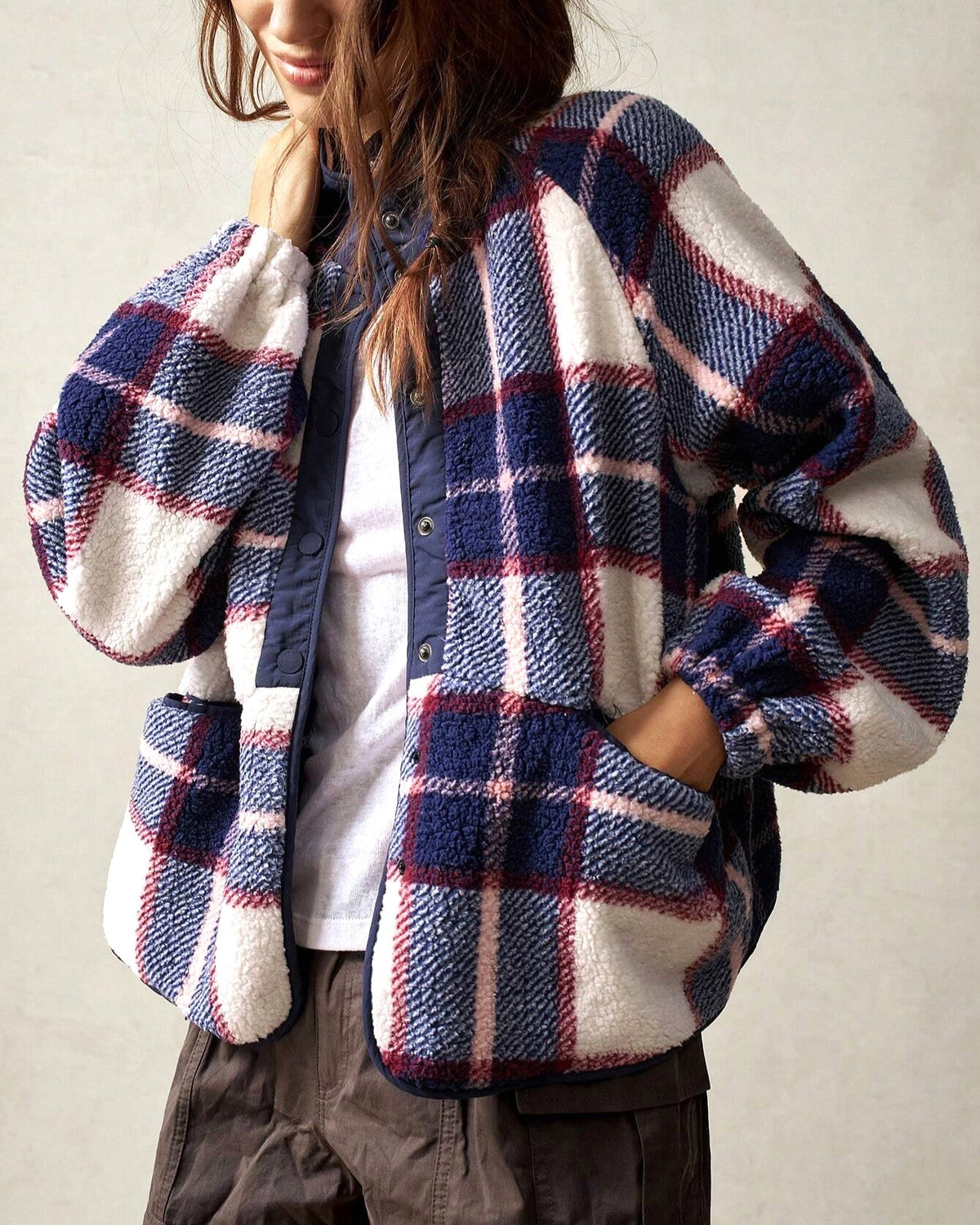 Cozy Plaid Fleece Button Front Jacket - Purple