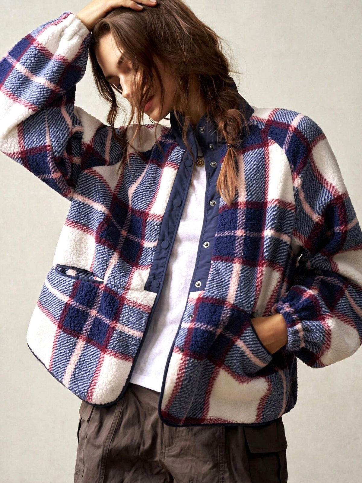 Cozy Plaid Fleece Button Front Jacket - Purple - 1