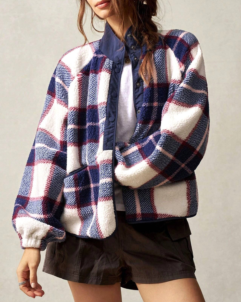 Cozy Plaid Fleece Button Front Jacket - Purple - 2