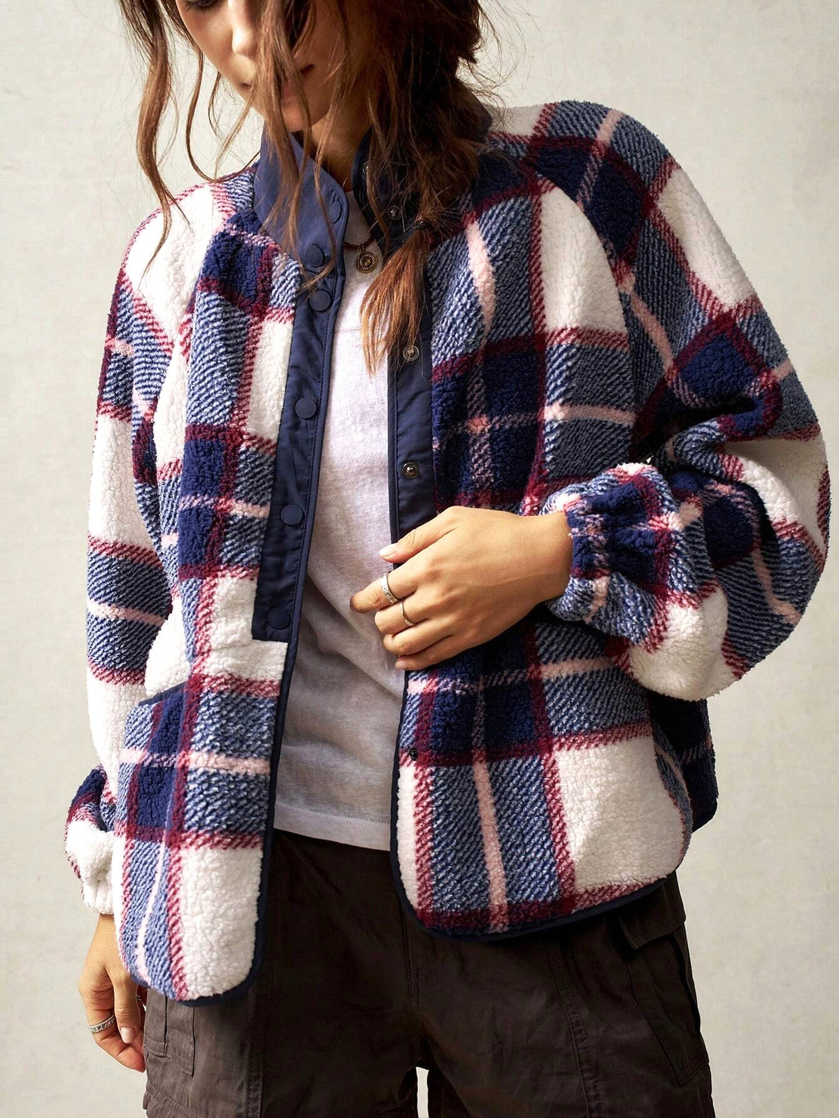 Cozy Plaid Fleece Button Front Jacket - Purple - 3