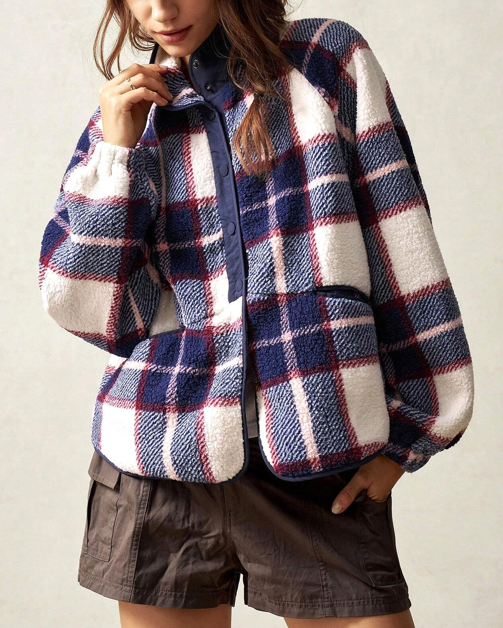 Cozy Plaid Fleece Button Front Jacket - Purple - 4