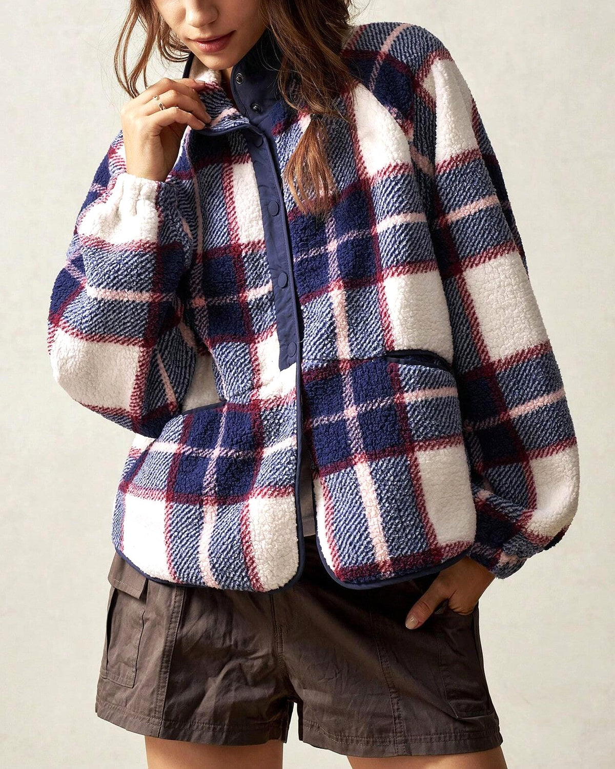 Cozy Plaid Fleece Button Front Jacket - Purple - 4