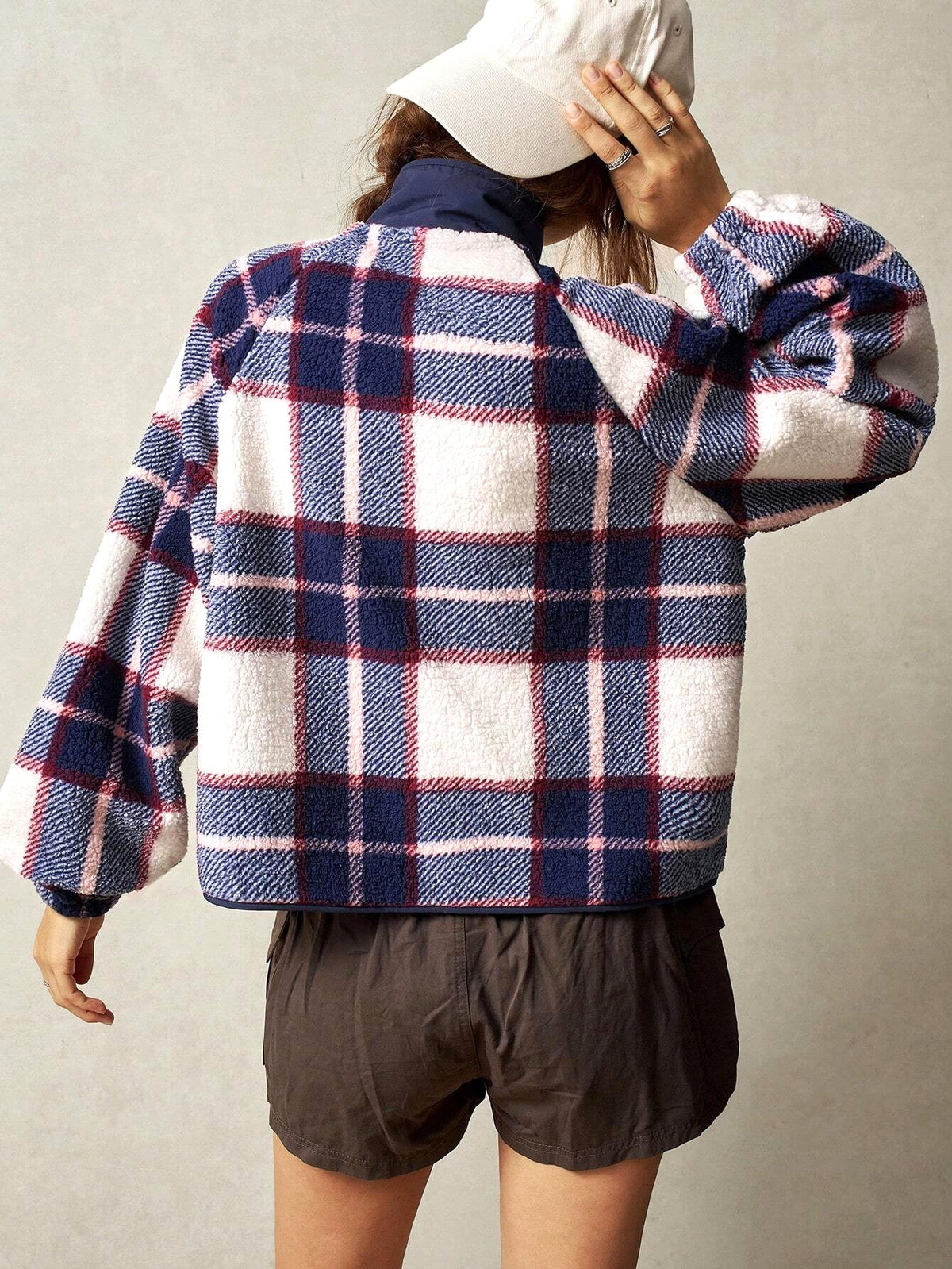 Cozy Plaid Fleece Button Front Jacket - Purple - 5