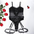 Satin Heart Mesh Bow Front Garter Bodysuit - Black