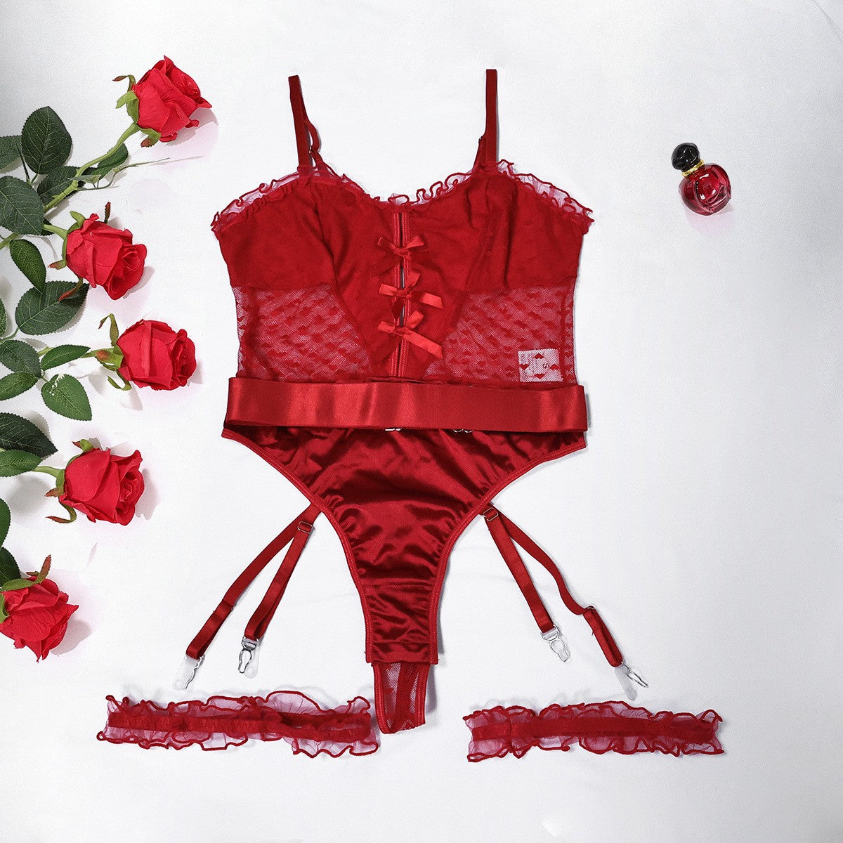 Satin Heart Mesh Bow Front Garter Bodysuit - Red