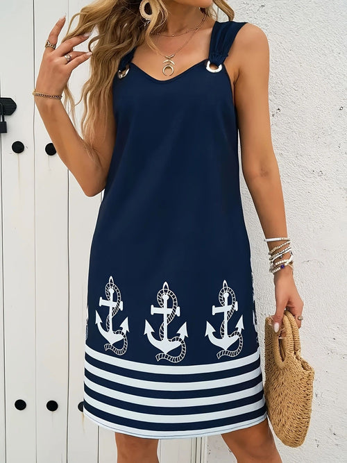 Anchor Stripe Border Print Shift Dress - navy