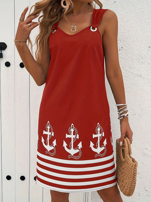 Anchor Stripe Border Print Shift Dress - red