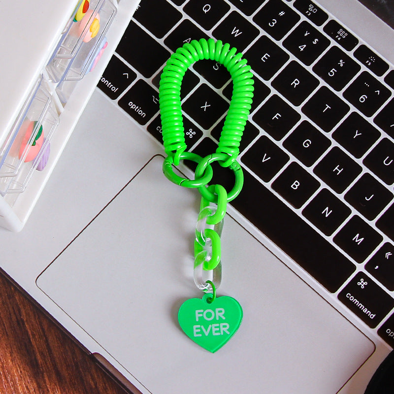 Coil Wristlet Heart Charm Keychain - Green