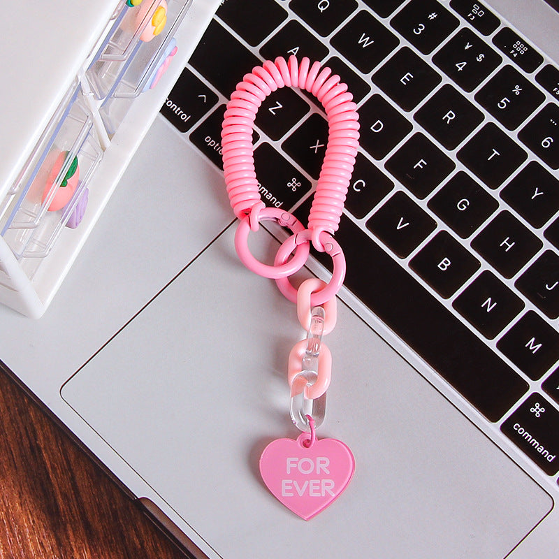 Coil Wristlet Heart Charm Keychain - Pink