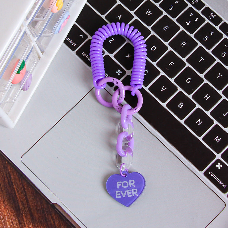 Coil Wristlet Heart Charm Keychain - Purple