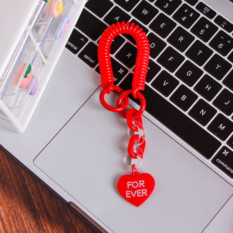 Coil Wristlet Heart Charm Keychain - Red