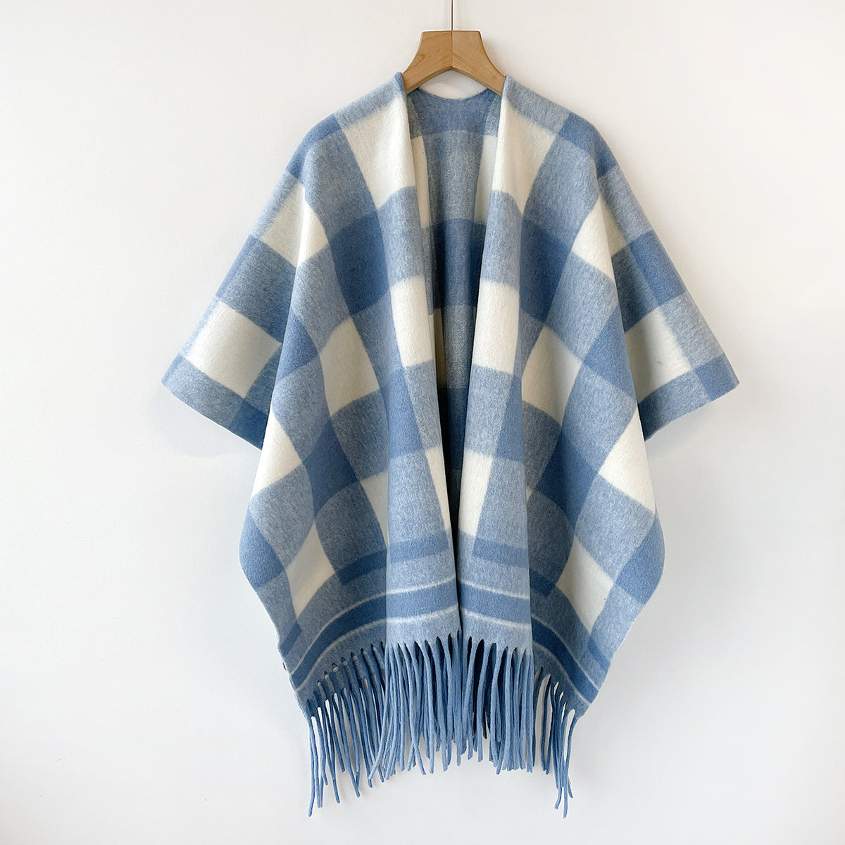 Buffalo Check Fringe Hem Open Front Cape - Blue
