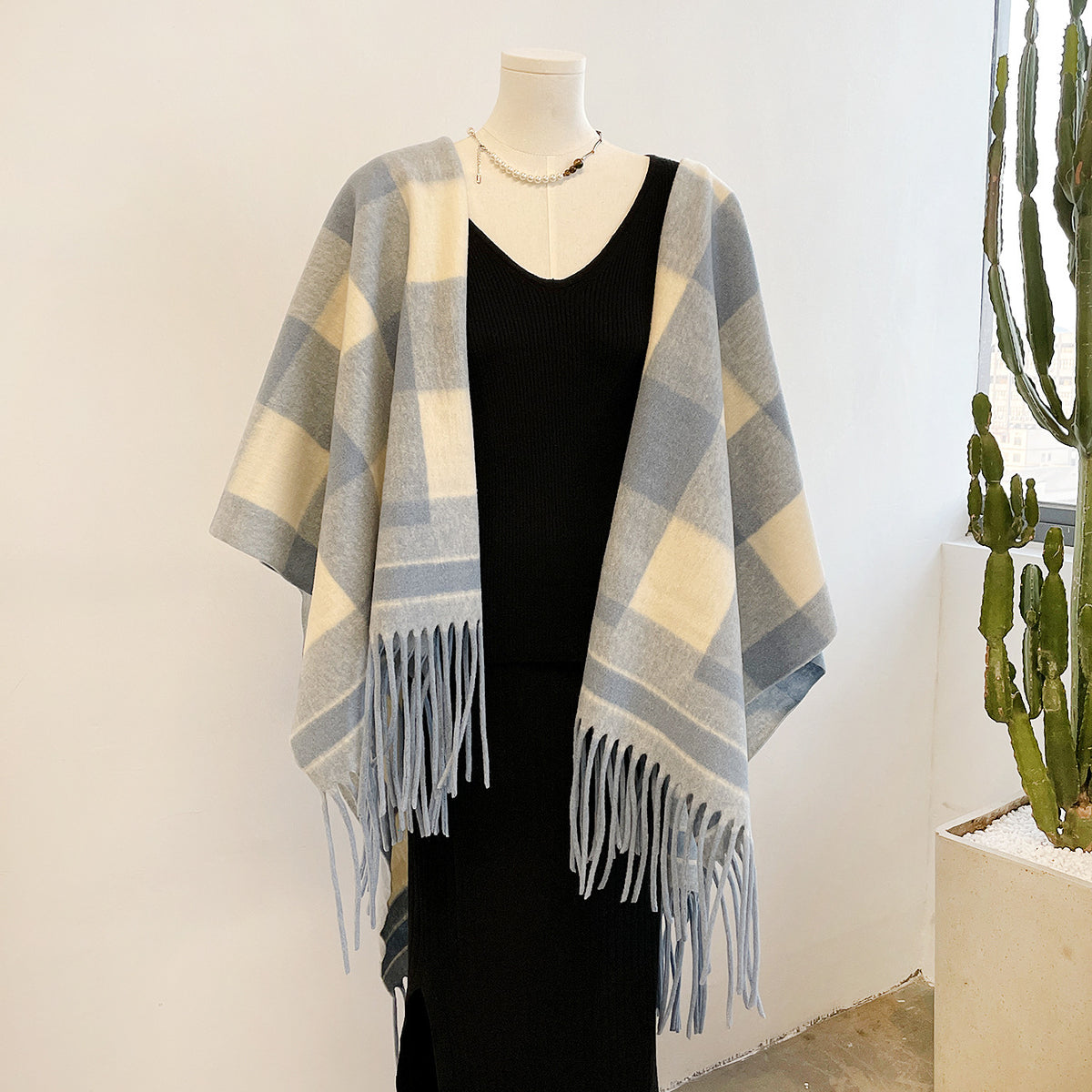 Buffalo Check Fringe Hem Open Front Cape - Blue - 1