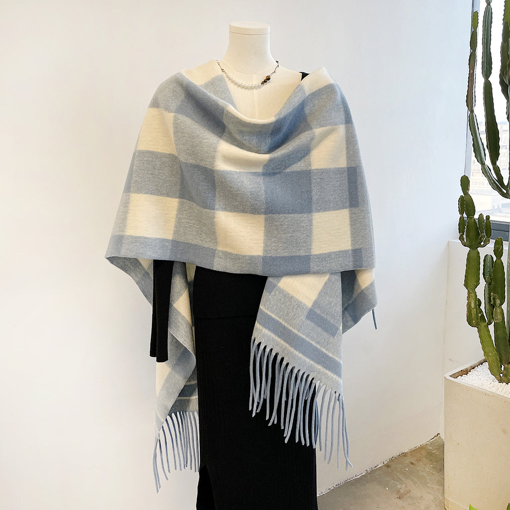 Buffalo Check Fringe Hem Open Front Cape - Blue - 2