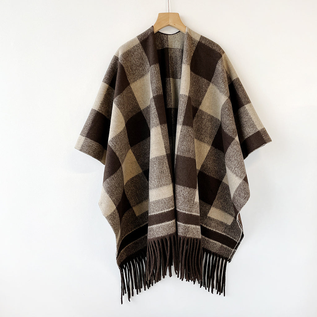 Buffalo Check Fringe Hem Open Front Cape - Coffee