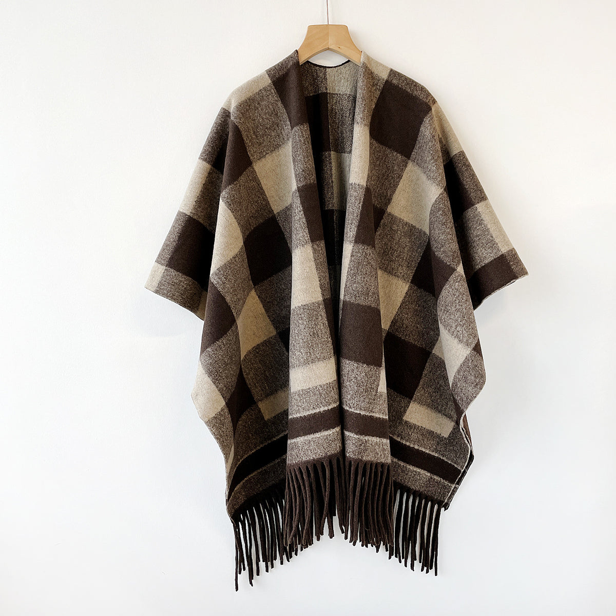 Buffalo Check Fringe Hem Open Front Cape - Coffee