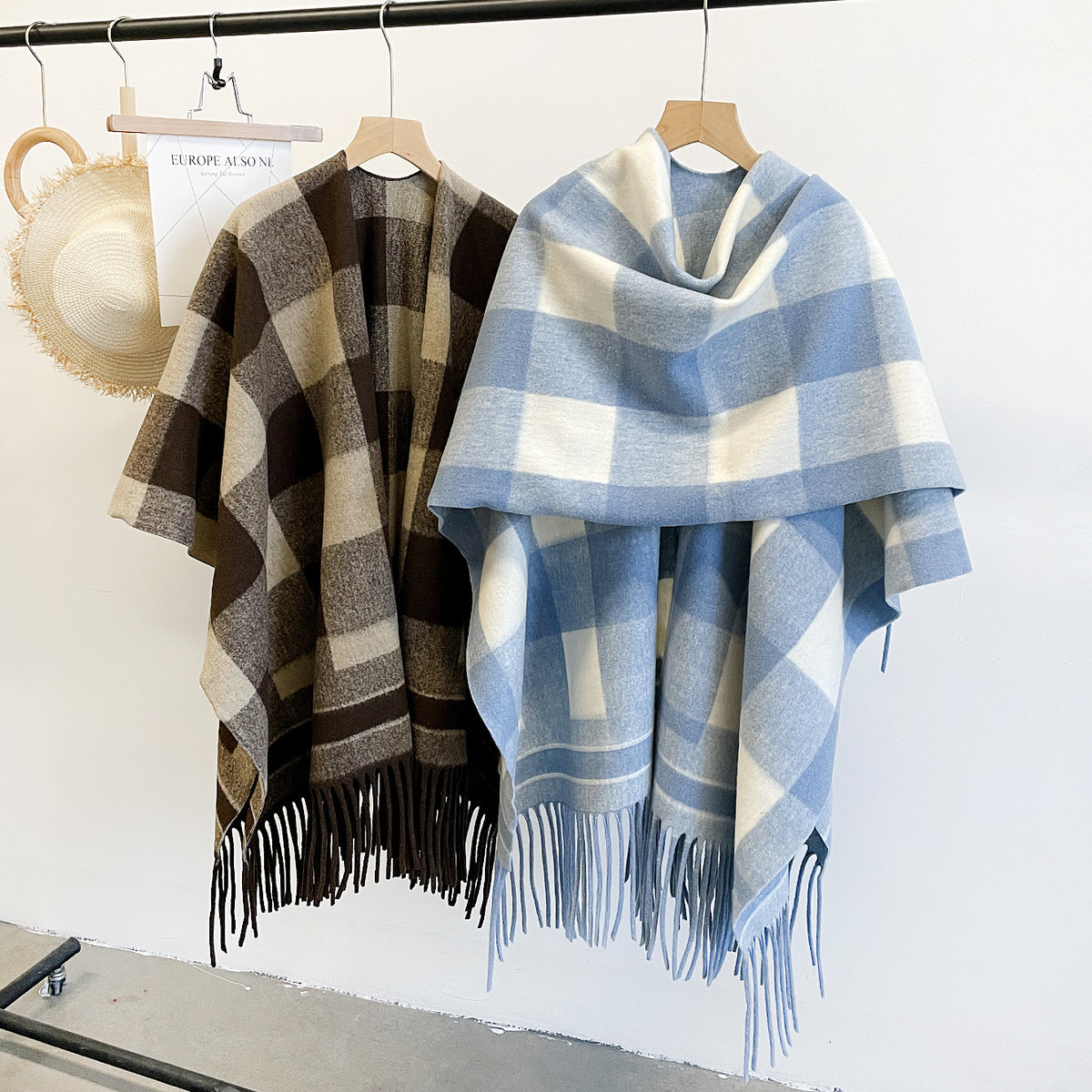 Buffalo Check Fringe Hem Open Front Cape - Coffee - 1