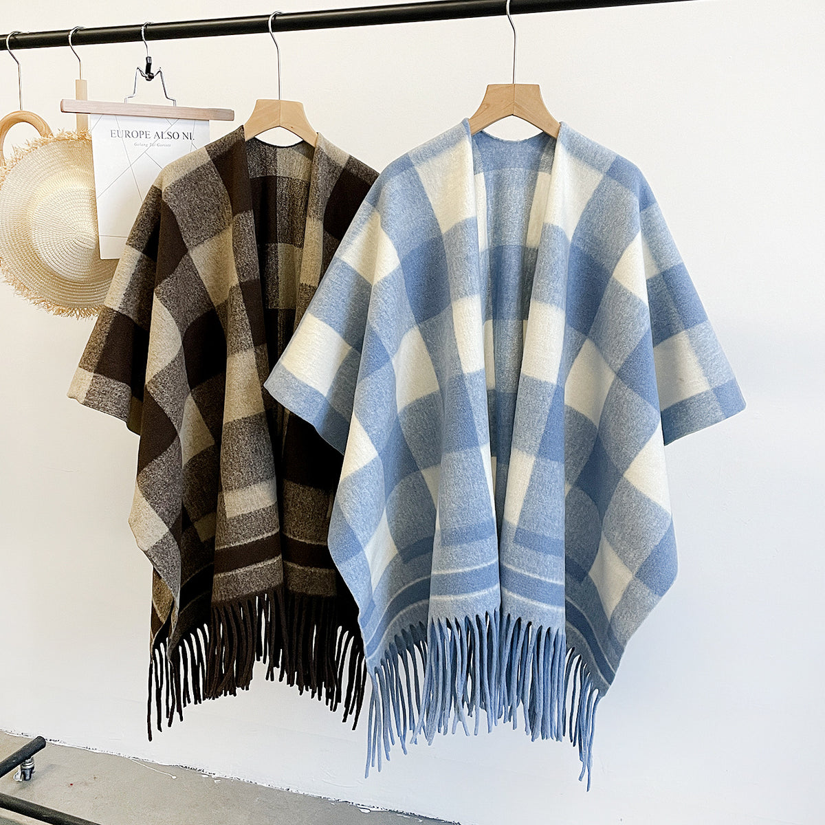 Buffalo Check Fringe Hem Open Front Cape - Coffee - 2