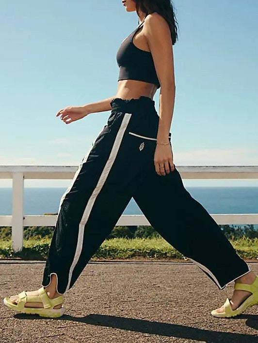 Side Stripe Drawstring Wide Leg Track Pants - black - 1