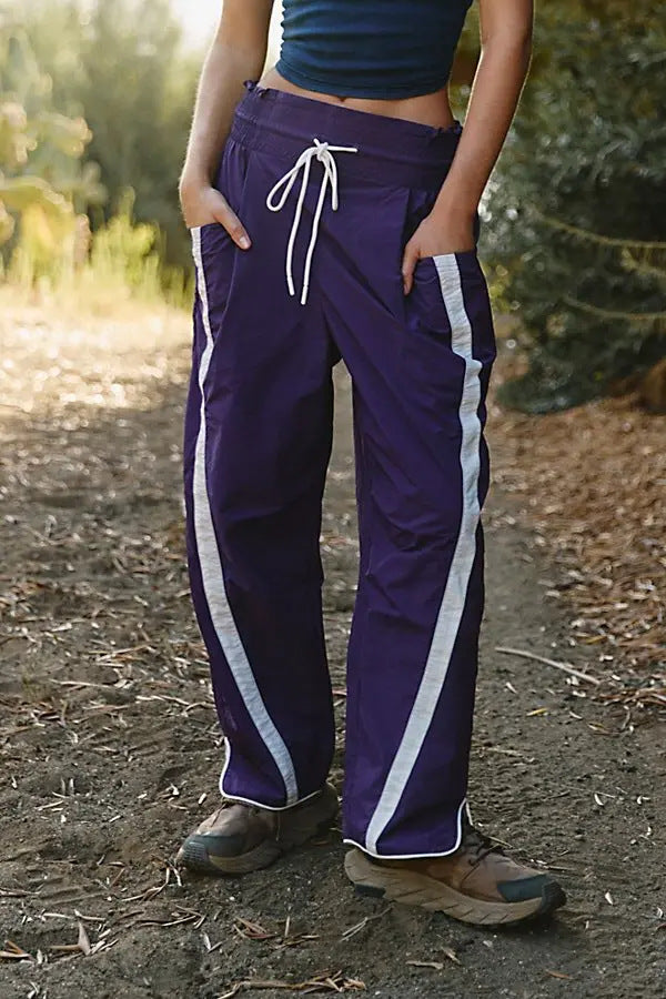 Side Stripe Drawstring Wide Leg Track Pants - eggplant