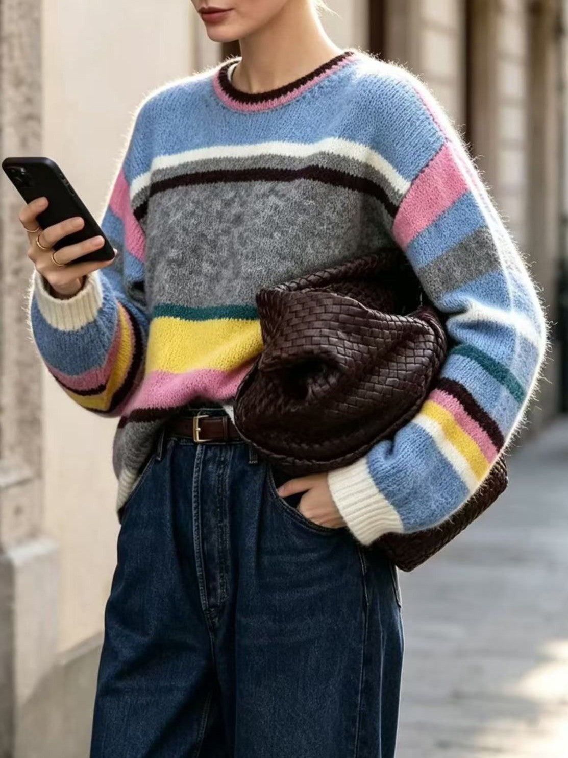 Striped Crew Neck Knit Sweater with Drop Shoulders - Grey