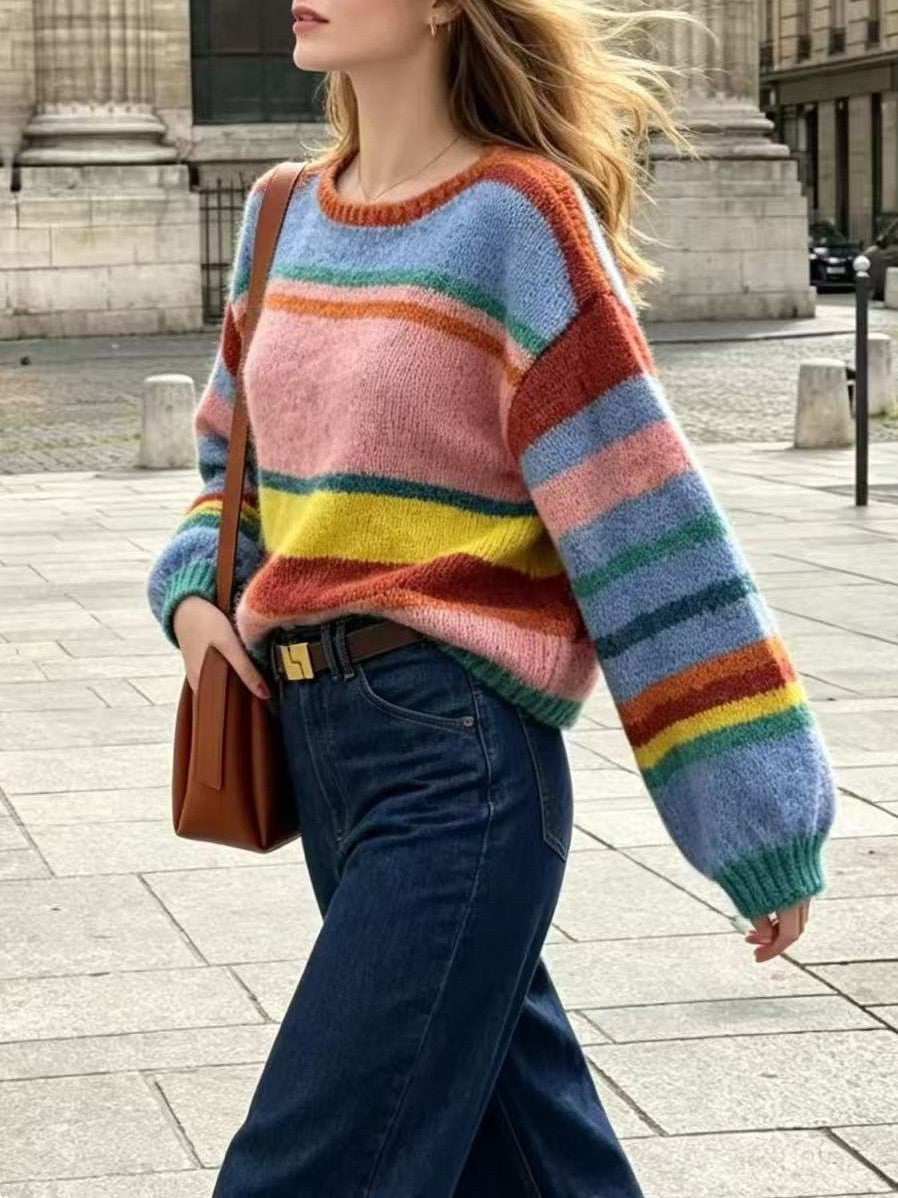 Striped Crew Neck Knit Sweater with Drop Shoulders - Pink - 1