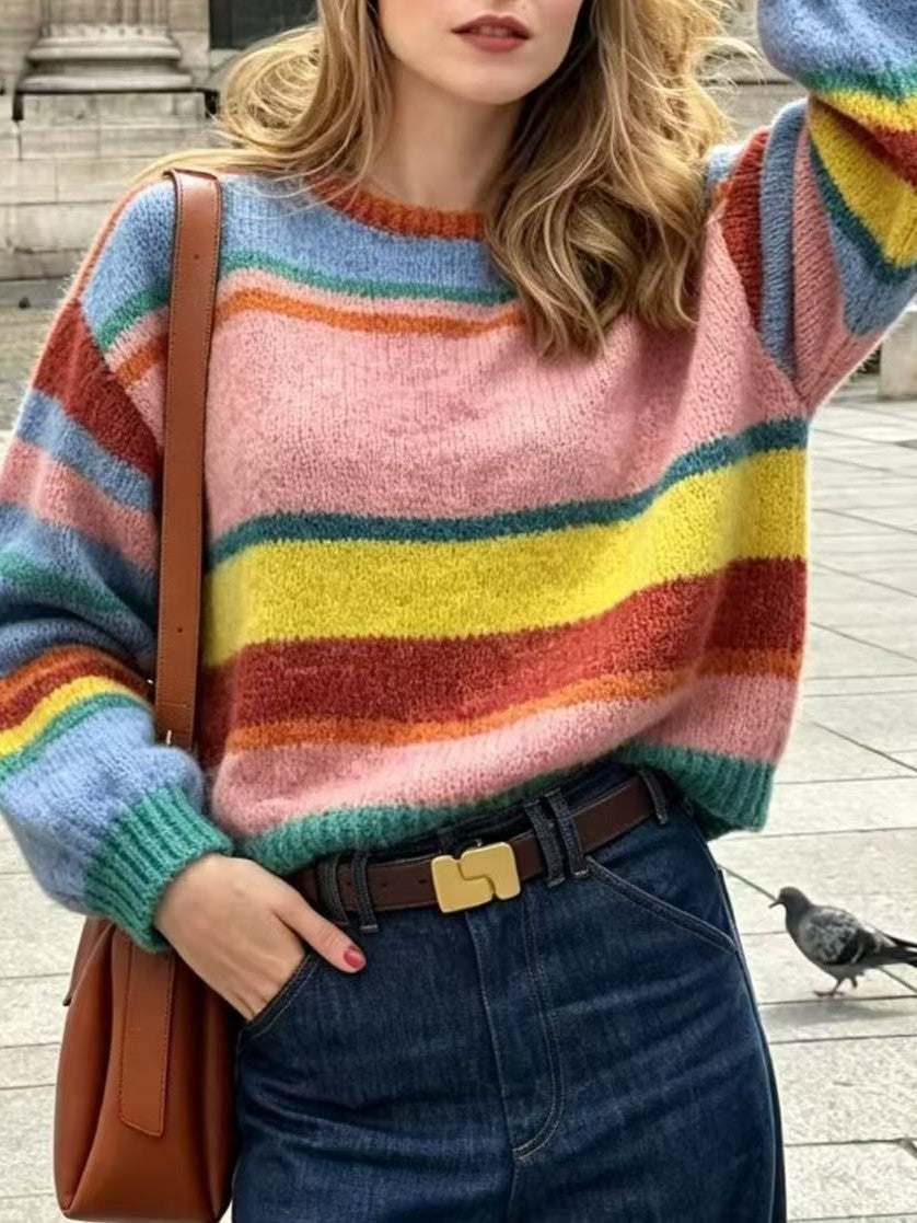 Striped Crew Neck Knit Sweater with Drop Shoulders - Pink - 2