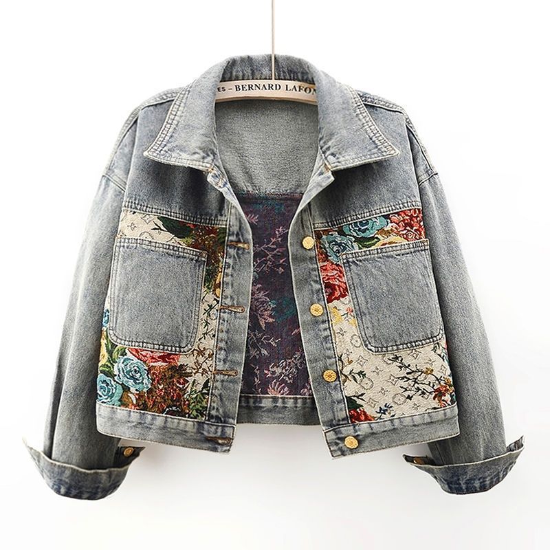 Floral Tapestry Patch Cropped Denim Jacket - blue