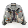Floral Tapestry Patch Cropped Denim Jacket - blue