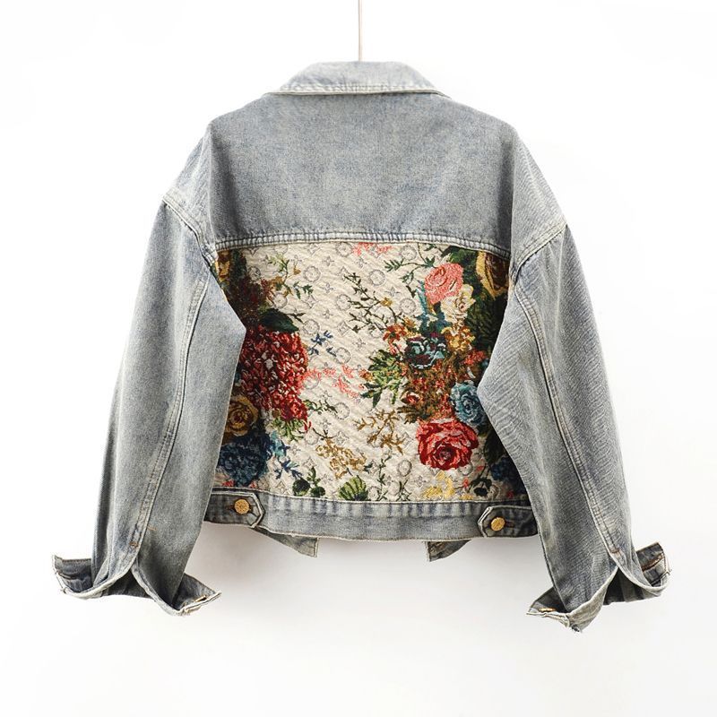 Floral Tapestry Patch Cropped Denim Jacket - blue - 1