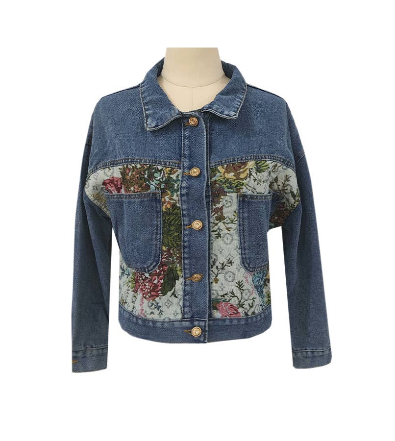 Floral Tapestry Patch Cropped Denim Jacket
