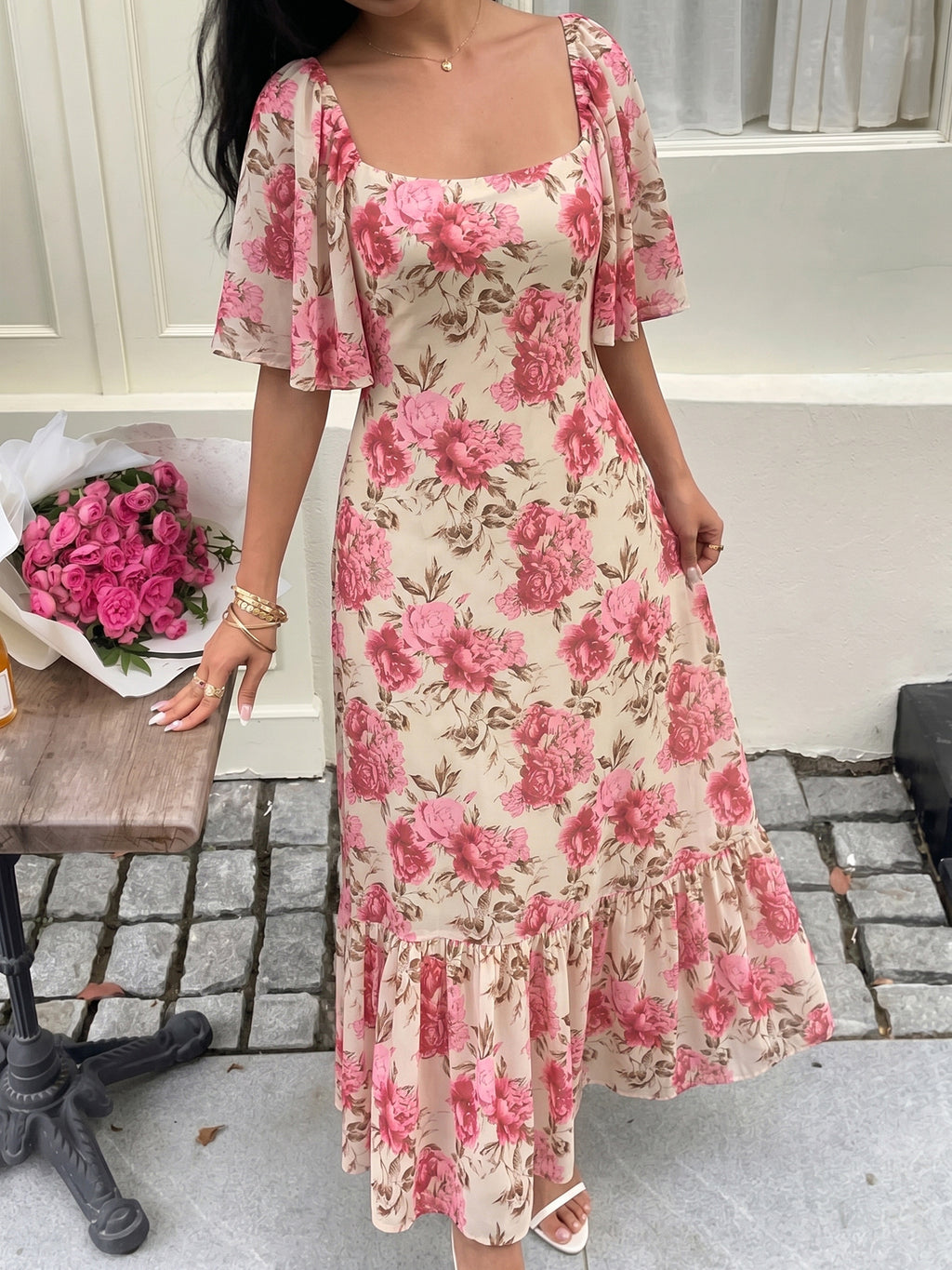 Floral Square Neck Flutter Sleeve Maxi Dress - Pink