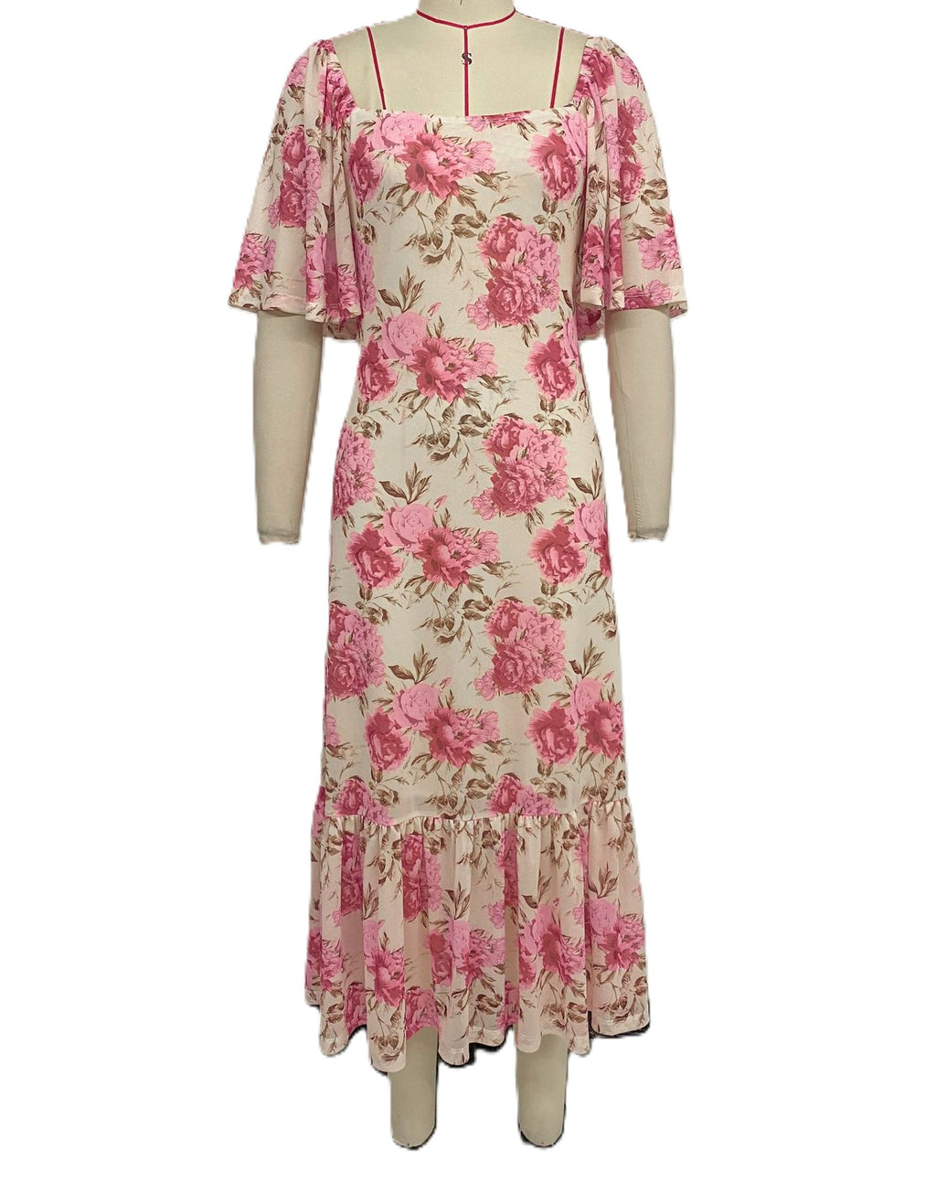 Floral Square Neck Flutter Sleeve Maxi Dress - Pink - 1