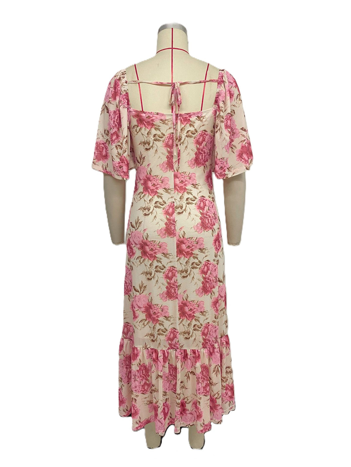 Floral Square Neck Flutter Sleeve Maxi Dress - Pink - 2