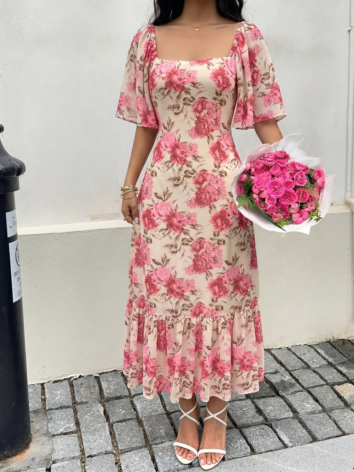 Floral Square Neck Flutter Sleeve Maxi Dress - Pink - 3