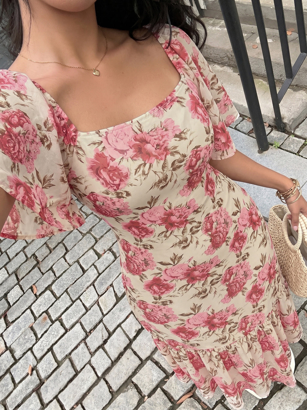 Floral Square Neck Flutter Sleeve Maxi Dress - Pink - 4
