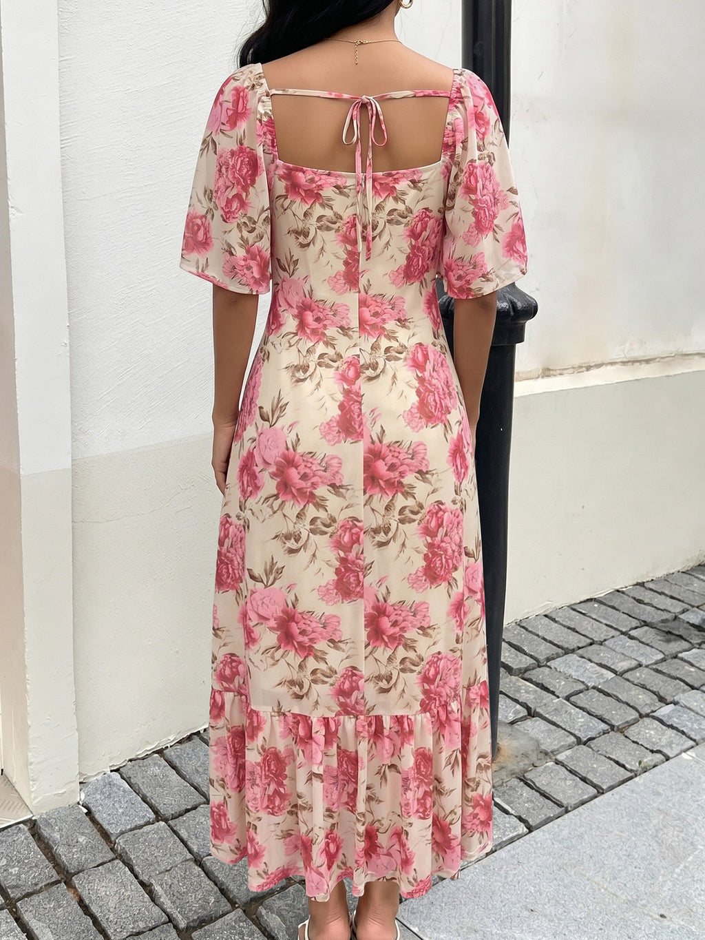 Floral Square Neck Flutter Sleeve Maxi Dress - Pink - 5