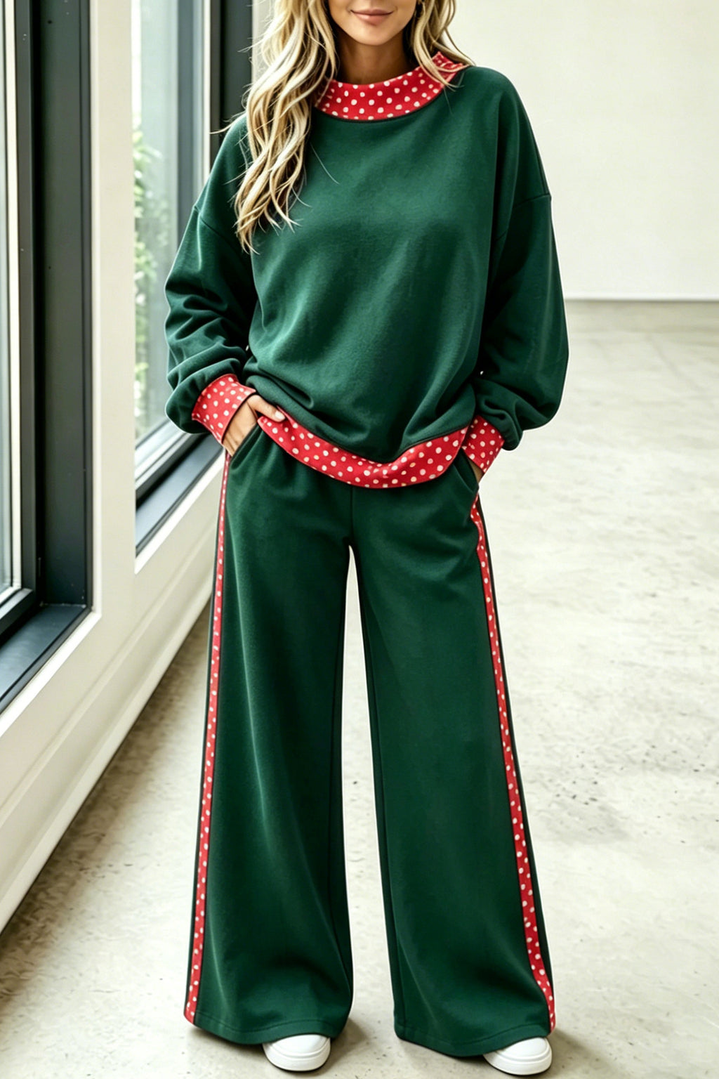 Polka Dot Trim Mock Neck Wide Leg Pant Set - Green