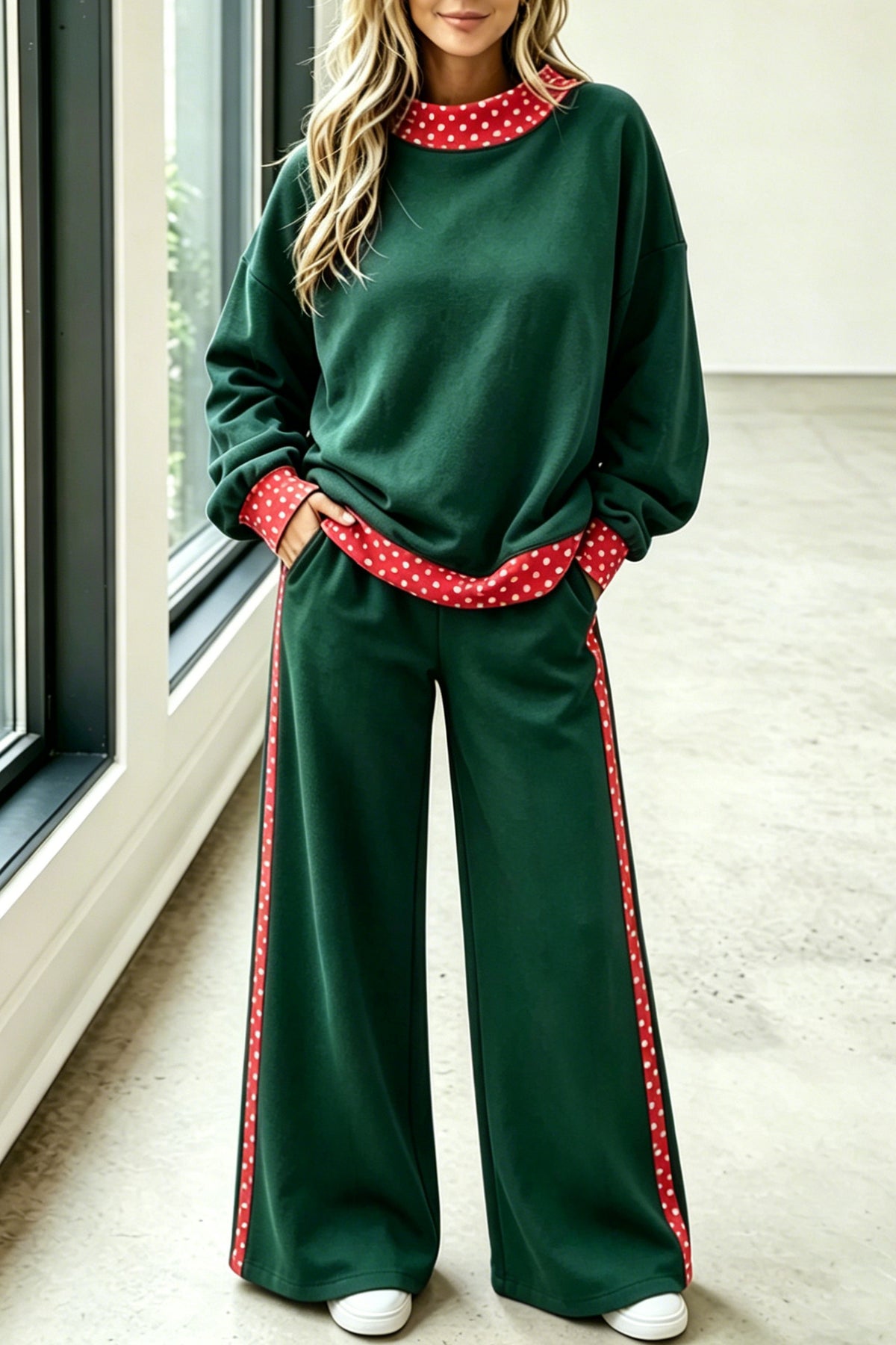 Polka Dot Trim Mock Neck Wide Leg Pant Set - Green