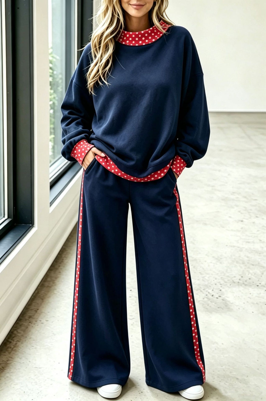 Polka Dot Trim Mock Neck Wide Leg Pant Set - Navy